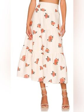Sancia Floral Tiered Linen Midi Skirt 4 S Small Revolve